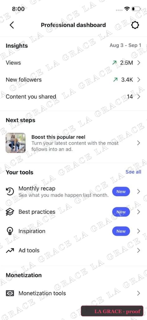 Instagram Professional dashboard · 2.5M views · +3.4K followers